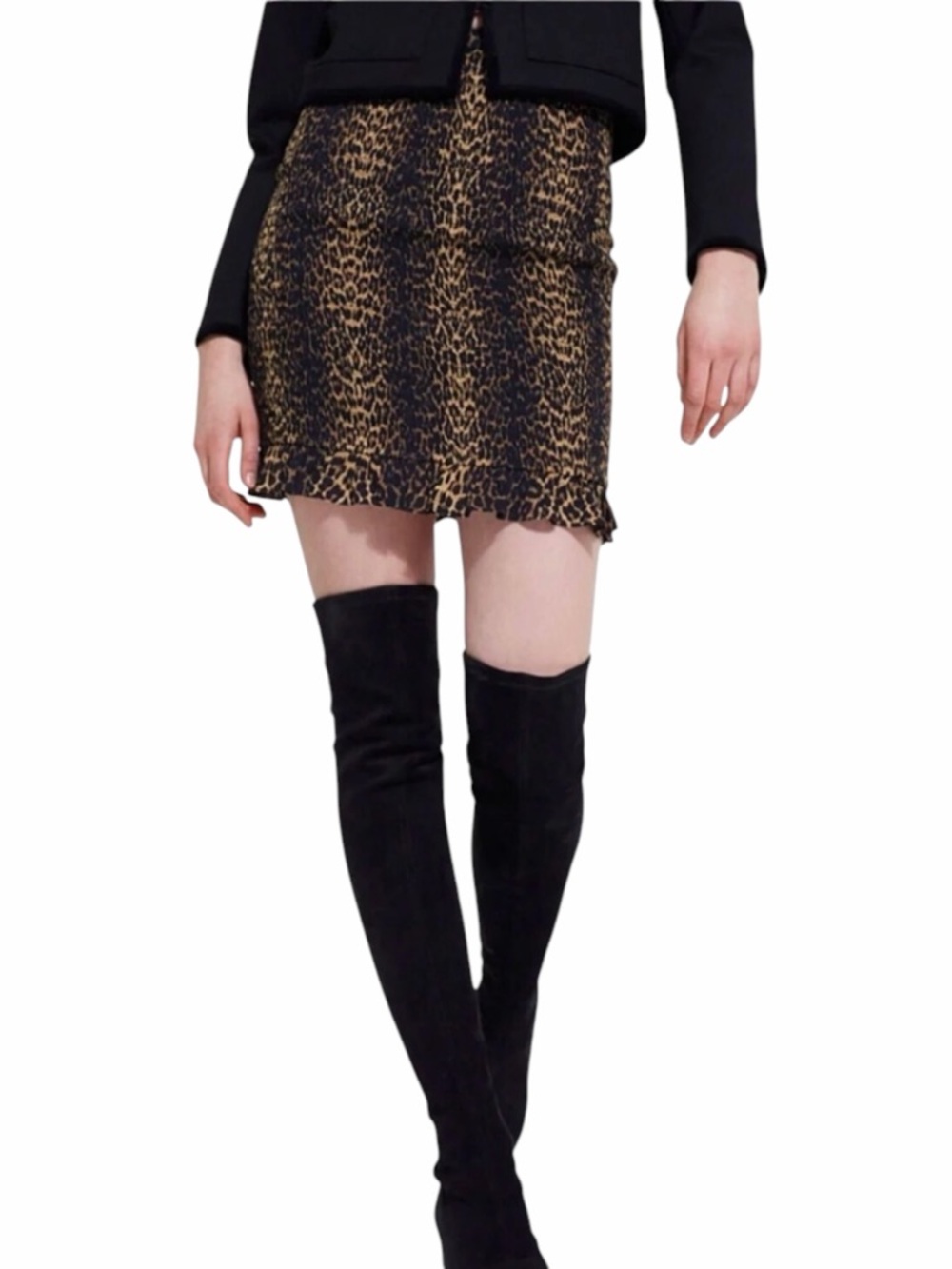 The Kooples Smocked Mini Skirt Ruffle Trim Animal Print Brown Black S NWT